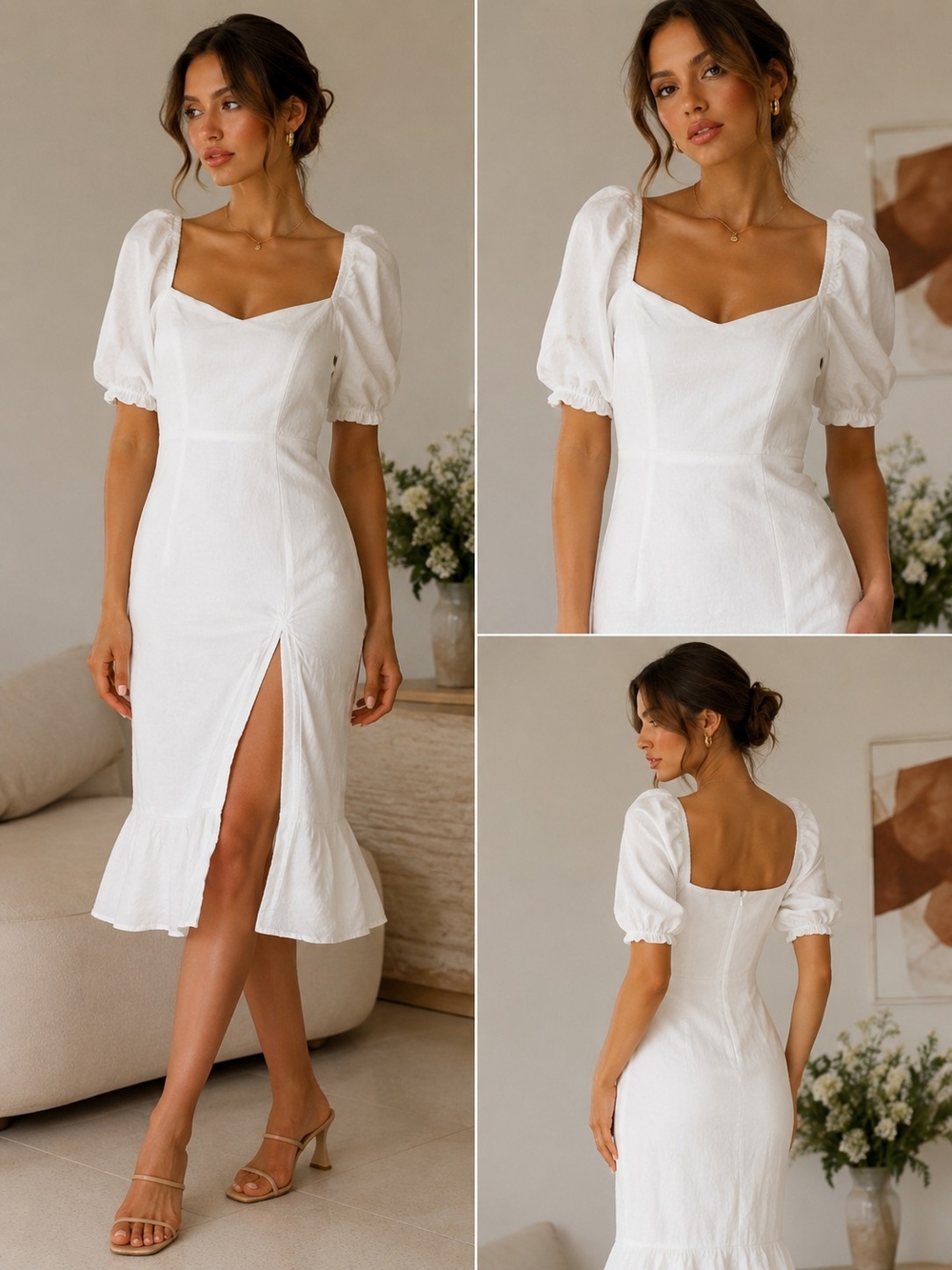 Classic White Puff-Sleeve Midi Dress with Front Slit